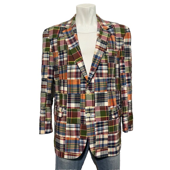 Vintage Jos A Bank Mens Cotton Madras Patchwork Plaid Sport Coat 43R - Picture 1 of 9
